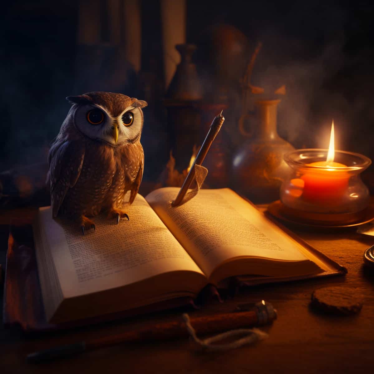 Owl by candlelight on an open book, surrounded by mystical objects and warm glow, showcasing the Diamond Painting - Eule Kerzenschein motif.