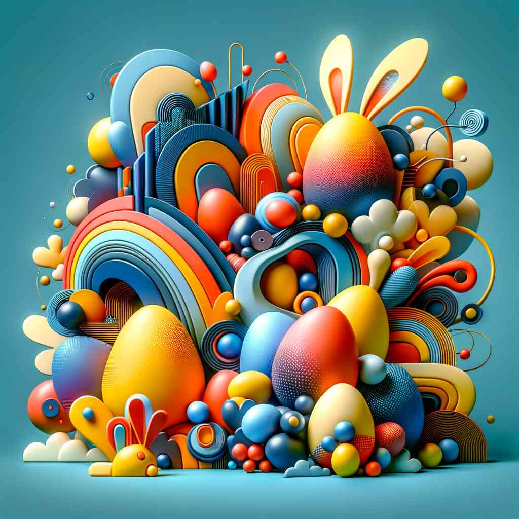 Abstract colorful artwork with rainbows, eggs, and playful shapes in various vibrant colors on a blue background.