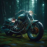 Vintage motorcycle parked in a mystical forest setting