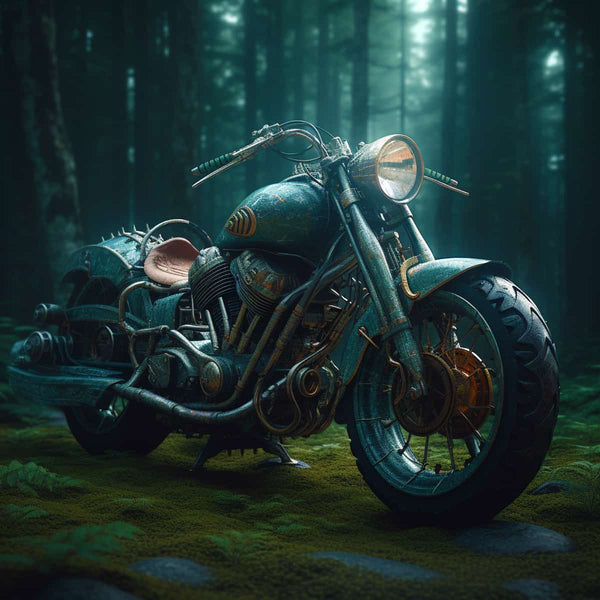 Vintage motorcycle parked in a mystical forest setting