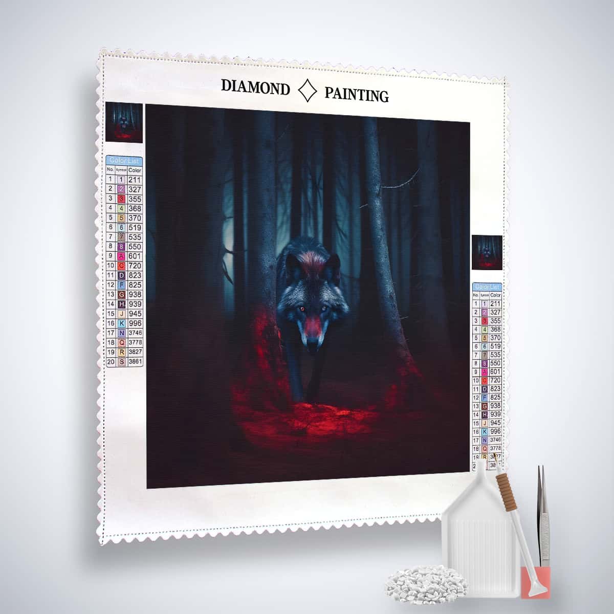 Dark forest diamond painting kit featuring a wolf with red accents, including tools like tweezers, setting pen, and acrylic diamonds