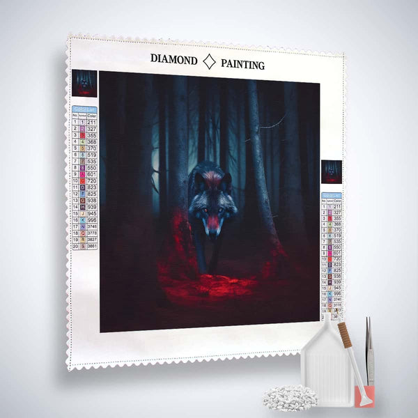 Diamond Painting Kit - Gefährlicher Wolf, featuring a menacing wolf in a dark forest, with acrylic diamonds, tweezers, and setting tools shown