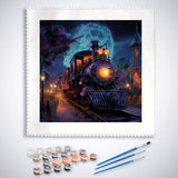 Paint by Numbers kit featuring a spooky ghost train under a full moon with included paints and brushes