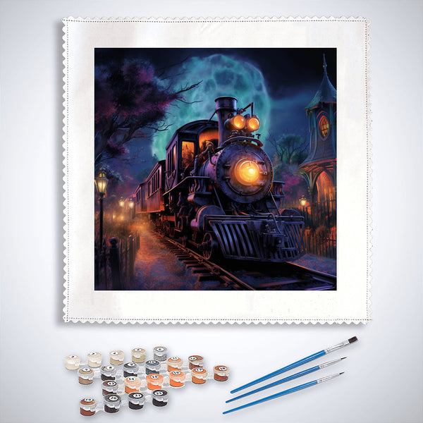 Paint by Numbers kit featuring a spooky ghost train under a full moon with included paints and brushes
