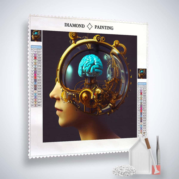 Diamond Painting Kit - Denkender Mensch design with canvas, acrylic diamonds, tweezers, and setting tools.
