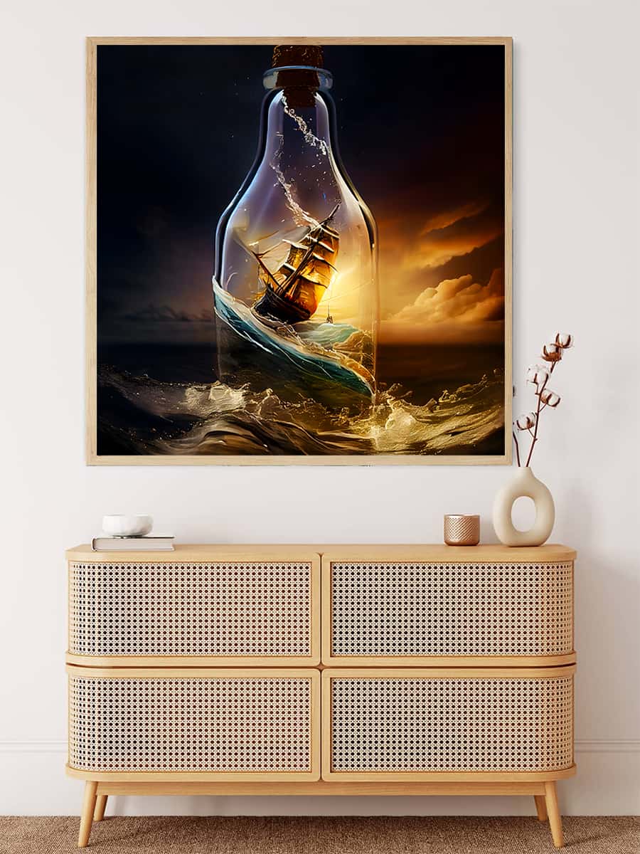 Painting of a ship in a glass bottle at sunset, displayed above a modern wicker cabinet
