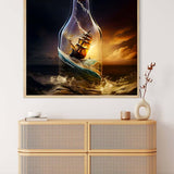 Painting of a ship in a glass bottle at sunset, displayed above a modern wicker cabinet