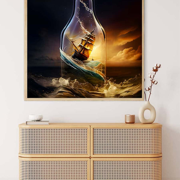 Painting of a ship in a glass bottle at sunset, displayed above a modern wicker cabinet