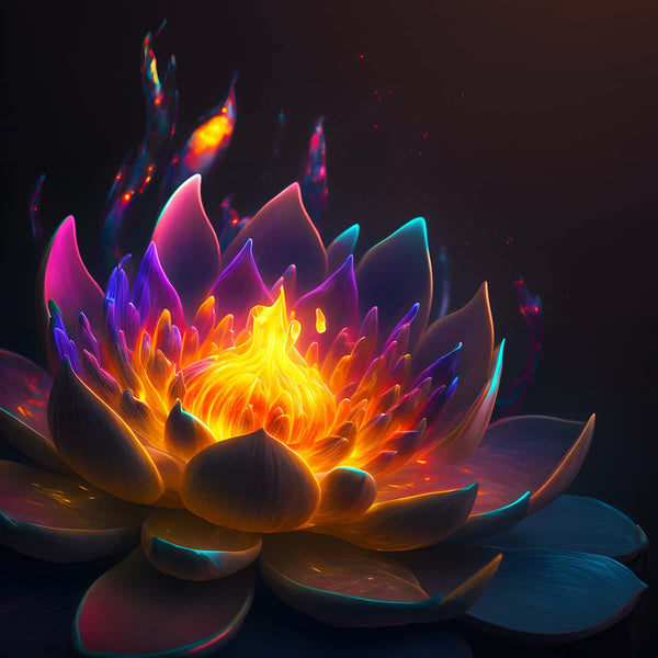 AB Diamond Painting - Feuerblume in der Nacht, leuchtende Farben eines abstrakten Blumenmotivs mit glühenden Akzenten, ideal für Diamond Painting Kits