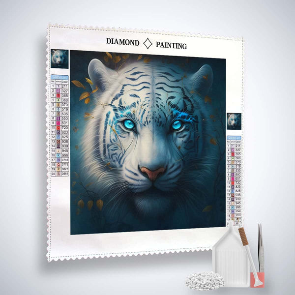 Diamond Painting Kit Weißer Tiger Frontal with professional canvas, acrylic diamonds, artist tweezers, and pro setting pen.
