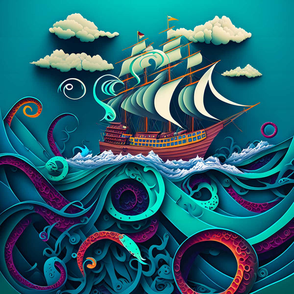 Intricate diamond painting kit of a ship sailing through waves with vibrant, swirling patterns, and tentacles, perfect for sea lovers.