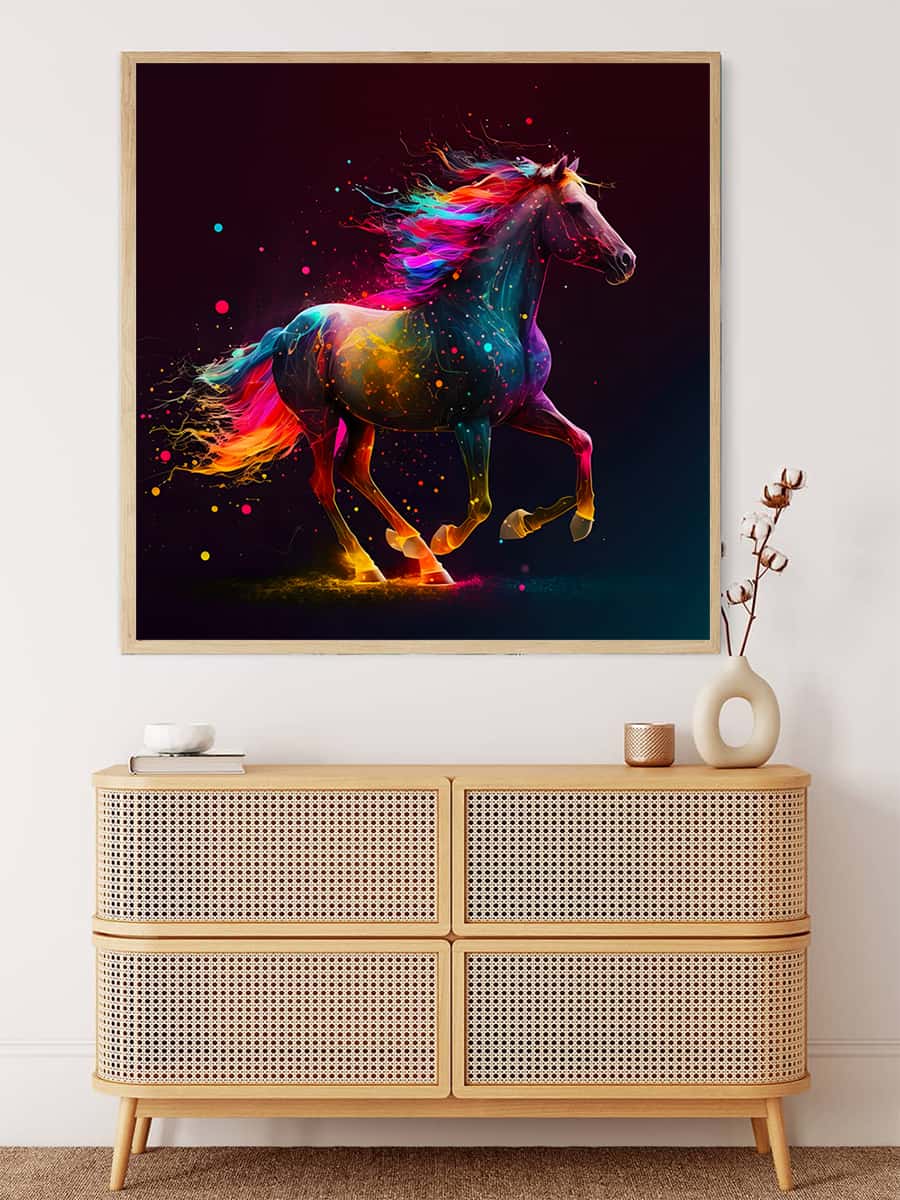Vibrant paint-by-numbers horse artwork in bright colors on modern wall above a wooden cabinet with minimalist decor