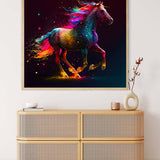 Vibrant paint-by-numbers horse artwork in bright colors on modern wall above a wooden cabinet with minimalist decor