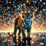 Tiger in a sparkling cosmic background representing the 