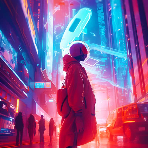 Person in retro-futuristic neon cityscape at night, glowing signs, reflective rain-soaked streets, vibrant urban scene.