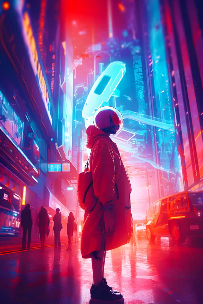 Person in retro-futuristic neon cityscape at night, glowing signs, reflective rain-soaked streets, vibrant urban scene.