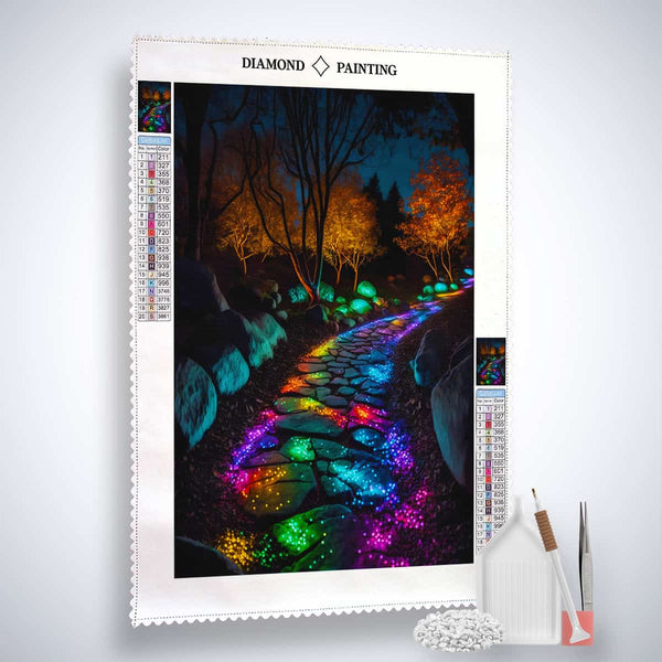 AB Diamond Painting Kit - Leuchtender Weg with colorful glowing path on canvas, acrylic diamonds, tweezers, and setting tool.