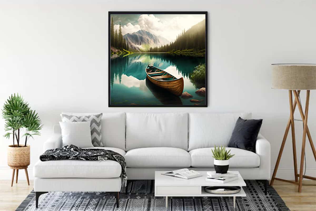 Malen nach Zahlen - Drei Boote im Bergsee Leinwandkunst über Sofa im modernen Wohnzimmer