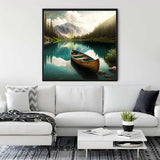 Malen nach Zahlen - Drei Boote im Bergsee Leinwandkunst über Sofa im modernen Wohnzimmer
