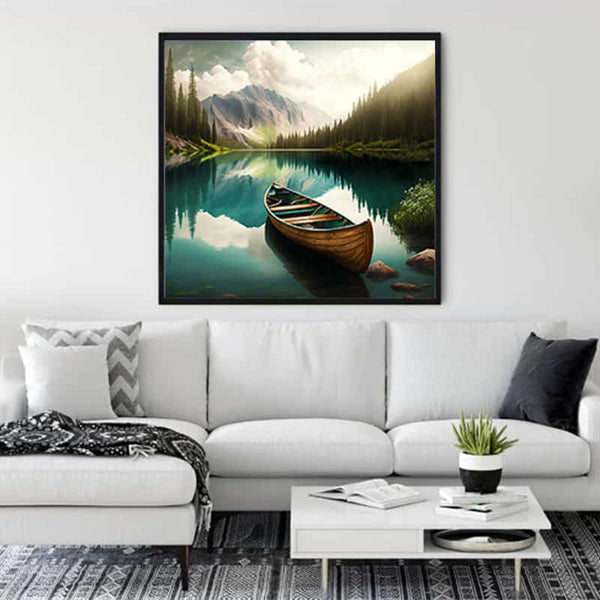 Malen nach Zahlen - Drei Boote im Bergsee Leinwandkunst über Sofa im modernen Wohnzimmer
