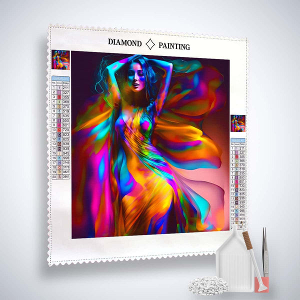 AB Diamond Painting Kit - Frau im farbenfrohen Seidenkleid mit Acryl Diamonds und Profi-Zubehörset