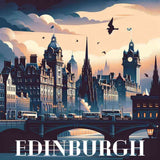 Artwork of Edinburgh skyline featuring historical buildings, flying birds, and a bridge under a dramatic, cloudy sky.