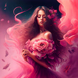 AB Diamond Painting of Pinke Rosenfrau featuring a woman adorned with pink roses, flowing pink gown, and ethereal background.