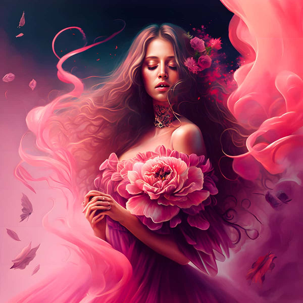 AB Diamond Painting of Pinke Rosenfrau featuring a woman adorned with pink roses, flowing pink gown, and ethereal background.