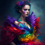 Frau mit regenbogenfarbenem Abendkleid und kunstvollen Details – AB Diamond Painting Kit