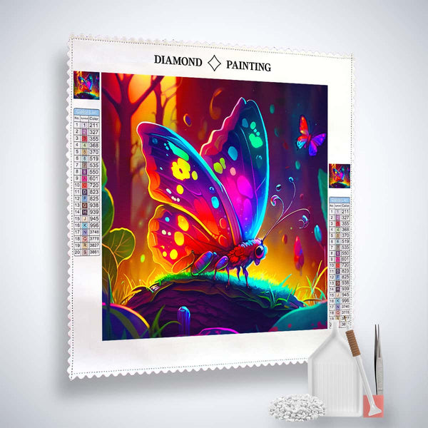AB Diamond Painting Kit - Neon Butterfly in Enchanted Forest with acrylic diamonds, professional canvas, tweezers, and setting tools