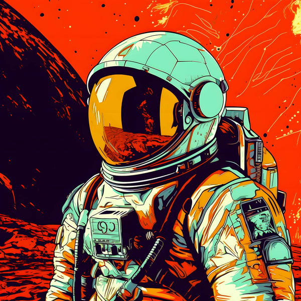 Painting by numbers astronaut kit - vibrant space scene with an astronaut in an orange spacesuit against a red cosmic background