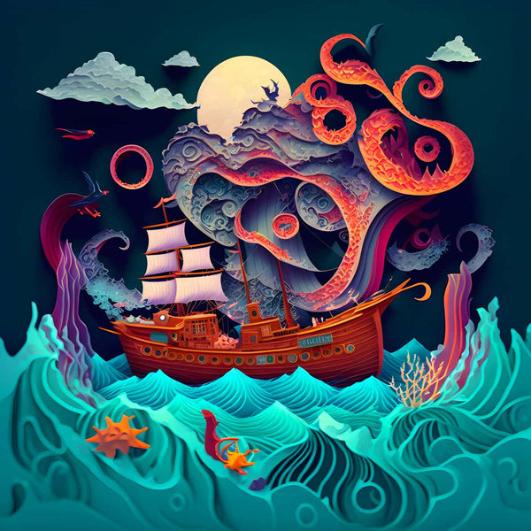 Diamond Painting - Raue See Paperart Krake, farbenfrohes Schiff auf stürmischer See mit riesigem Kraken, kreatives Kunstwerk.