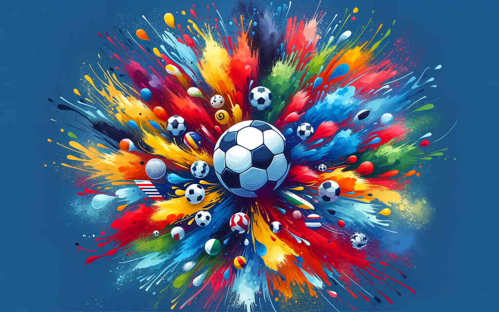 Farbenexplosion am Spielfeldrand Malen nach Zahlen Kunstwerk mit bunten Farben und Fußbällen, die Energie und Leidenschaft des Sports darstellen.