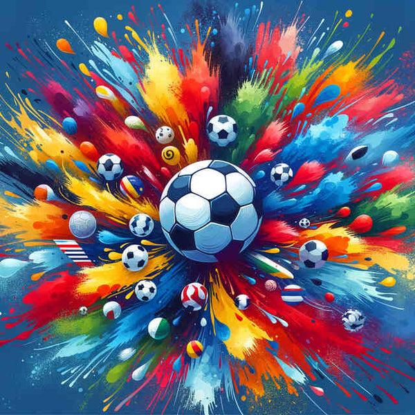 Farbenexplosion am Spielfeldrand Malen nach Zahlen Kunstwerk mit bunten Farben und Fußbällen, die Energie und Leidenschaft des Sports darstellen.