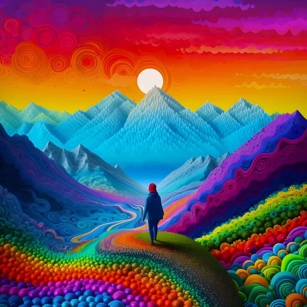 Person walking through colorful abstract landscape with mountains and vibrant sky in the background