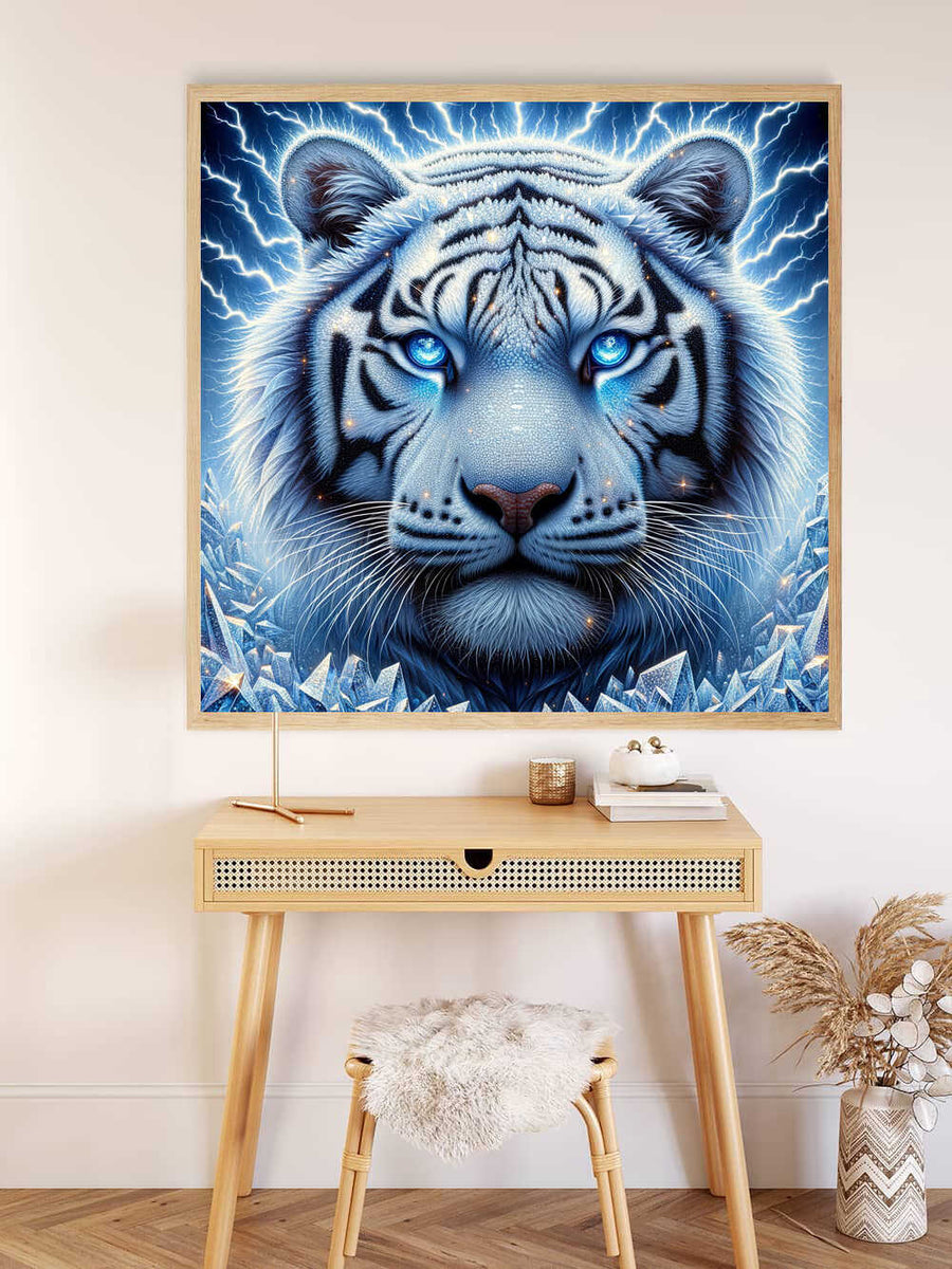 Diamond Painting of Schöner Schneetiger with icy blue mane and sparkling diamond eyes, creating a mystical stormy atmosphere.