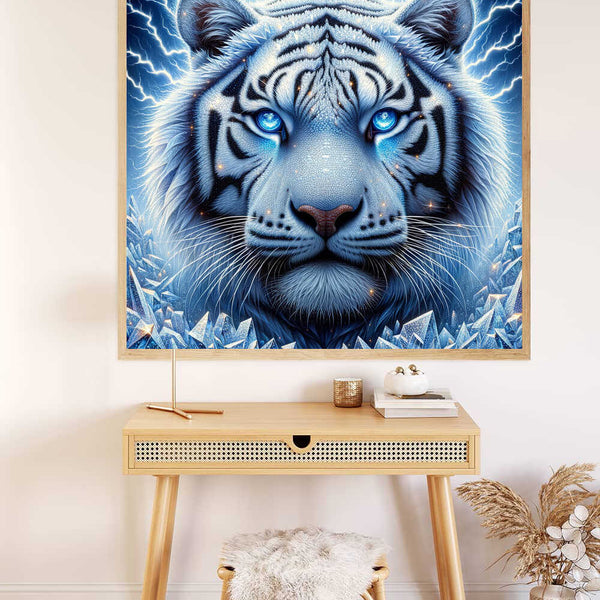 Diamond Painting of Schöner Schneetiger with icy blue mane and sparkling diamond eyes, creating a mystical stormy atmosphere.