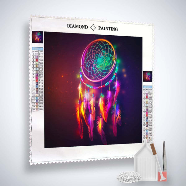 Diamond Painting kit featuring a neon dreamcatcher design with vibrant colors and sparkling acrylic diamonds, including tools for crafting.
