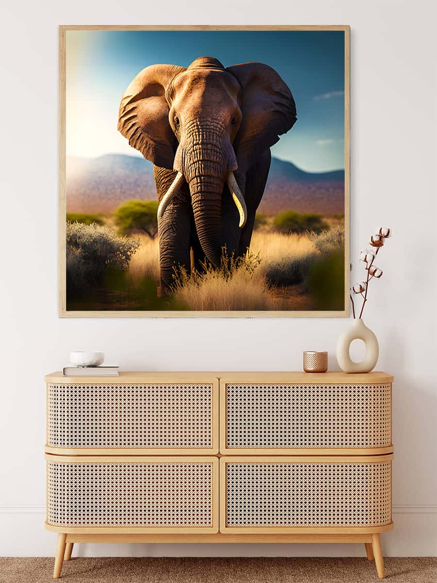Paint by Numbers - Large Elephant Frontal Wall Art Above Wicker Dresser in Living Room