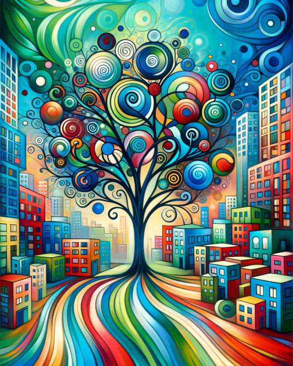 Malen nach Zahlen - Stadt um Baum abstrakt