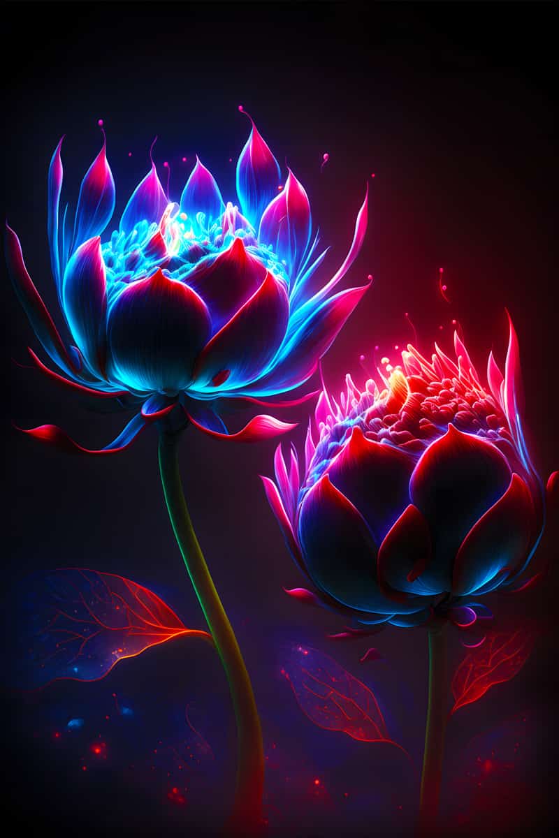 Diamond painting of two glowing flowers in vibrant neon colors against a dark background