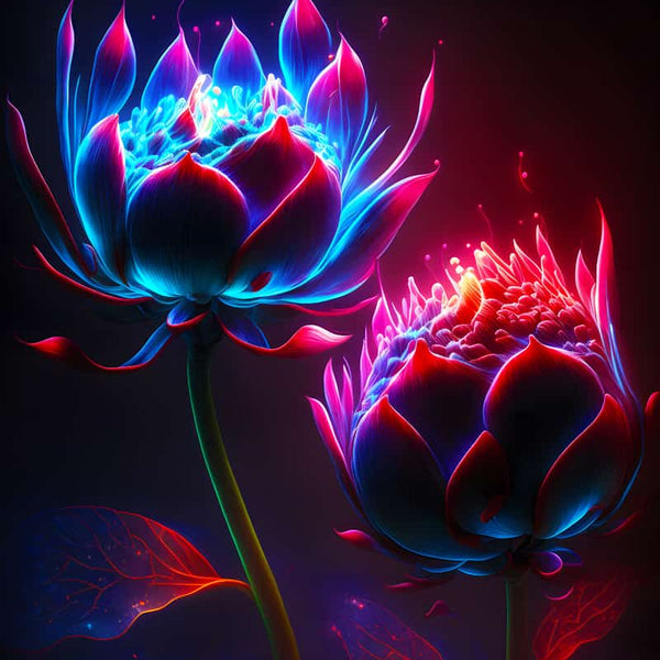 Diamond painting of two glowing flowers in vibrant neon colors against a dark background