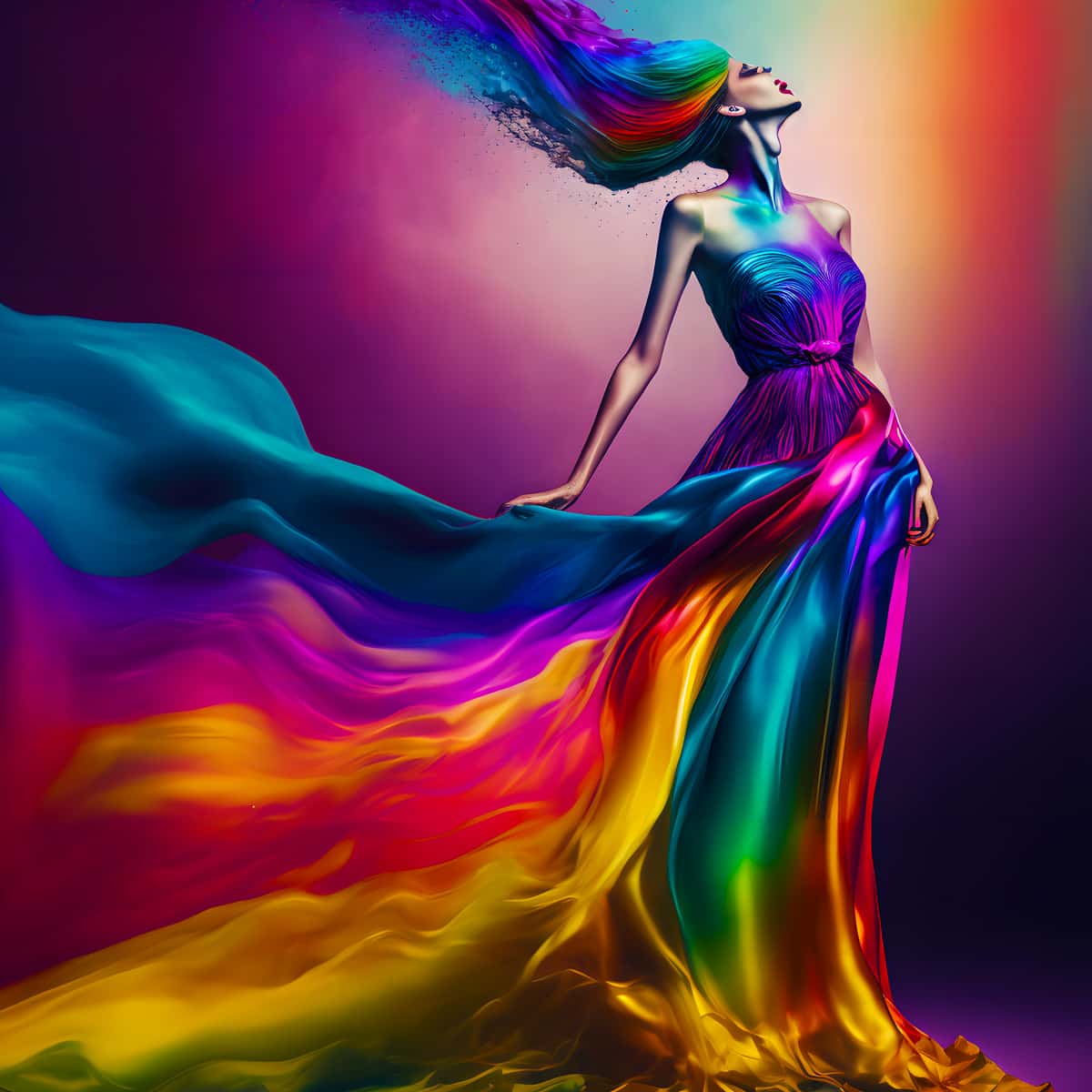 Frau in einem leuchtenden Regenbogenkleid im Licht, kunstvoll dargestellt durch Diamond Painting, Kunst die funkelt.