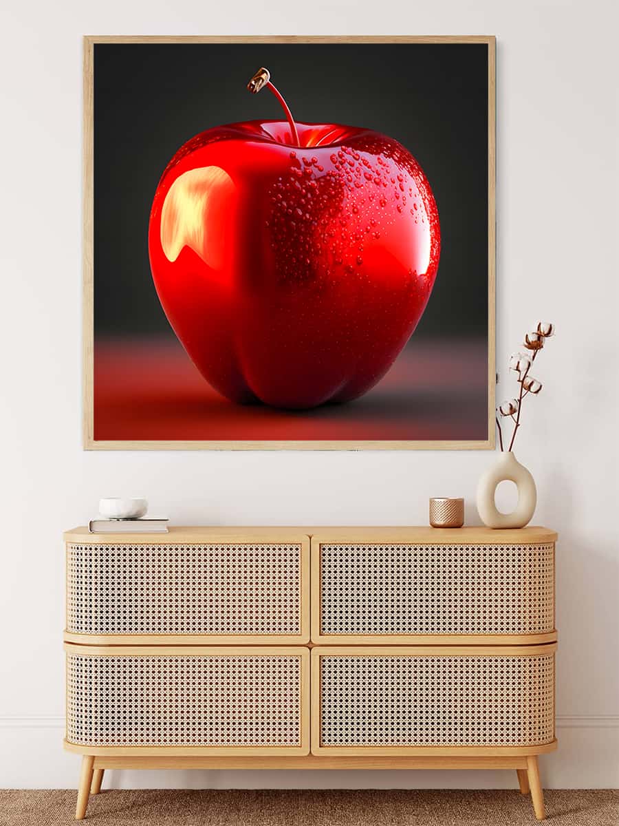 Painting by Numbers of a Shiny Red Apple Hung Above a Wooden Dresser in a Stylish Room
