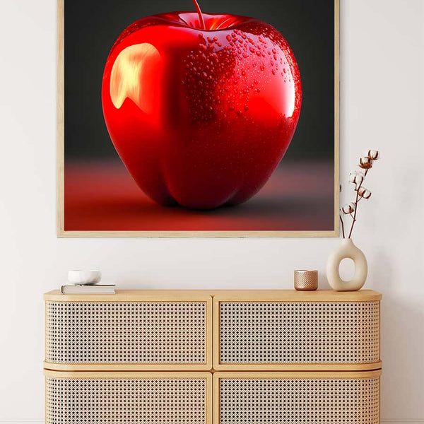 Painting by Numbers of a Shiny Red Apple Hung Above a Wooden Dresser in a Stylish Room
