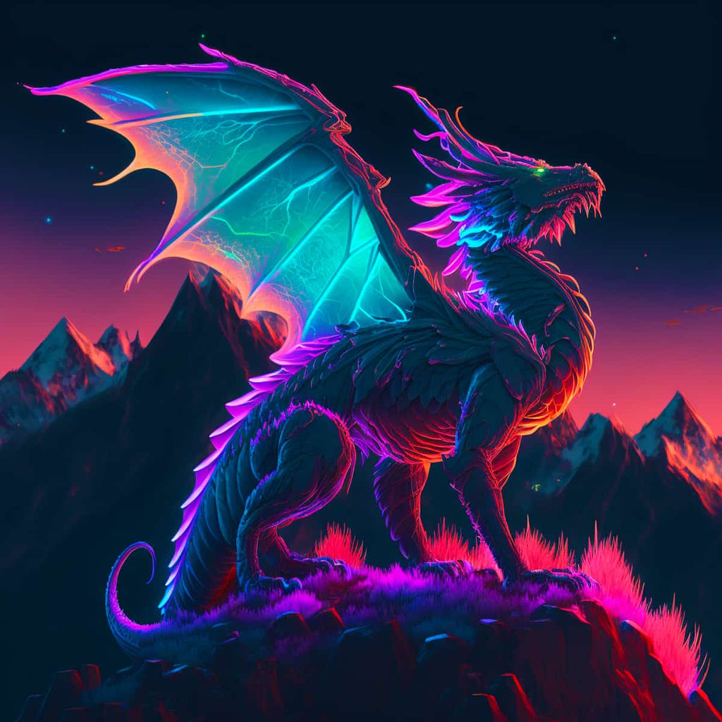 Vibrant majestic dragon standing on a mountain peak with neon wings and glowing eyes in a colorful sunset background