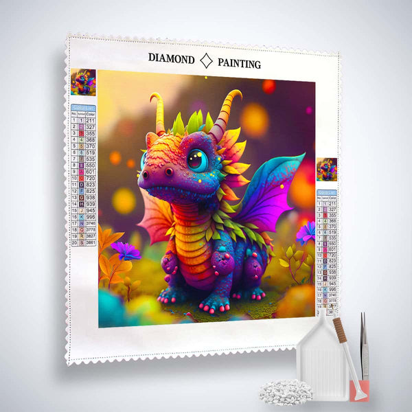 AB Diamond Painting Drachenbaby Frontal kit with colorful dragon design, complete with canvas, acrylic diamonds, and painting tools