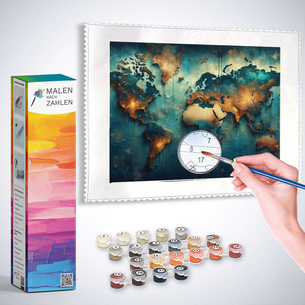 Malen nach Zahlen - Weltkarte Petrol