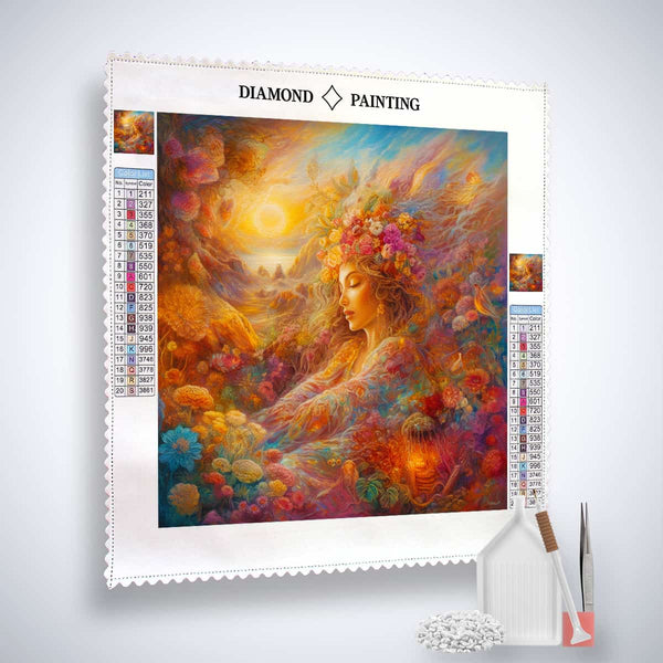 Diamond Painting Kit - Fräulein in der Natur with colorful floral and nature scene, showcasing tools and materials included.