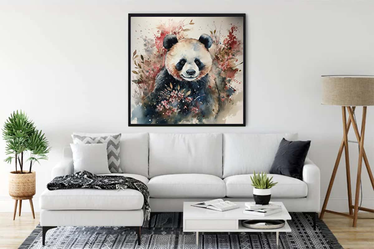 Malen nach Zahlen - Flauschiger Pandabär Wandkunst in modernem Wohnzimmer, entspannende Wirkung, DIY Malen nach Zahlen Kit